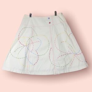 Tibi Embroidered A-Line Boho Midi Skirt - White/Pink/Green, Size 8, Cotton